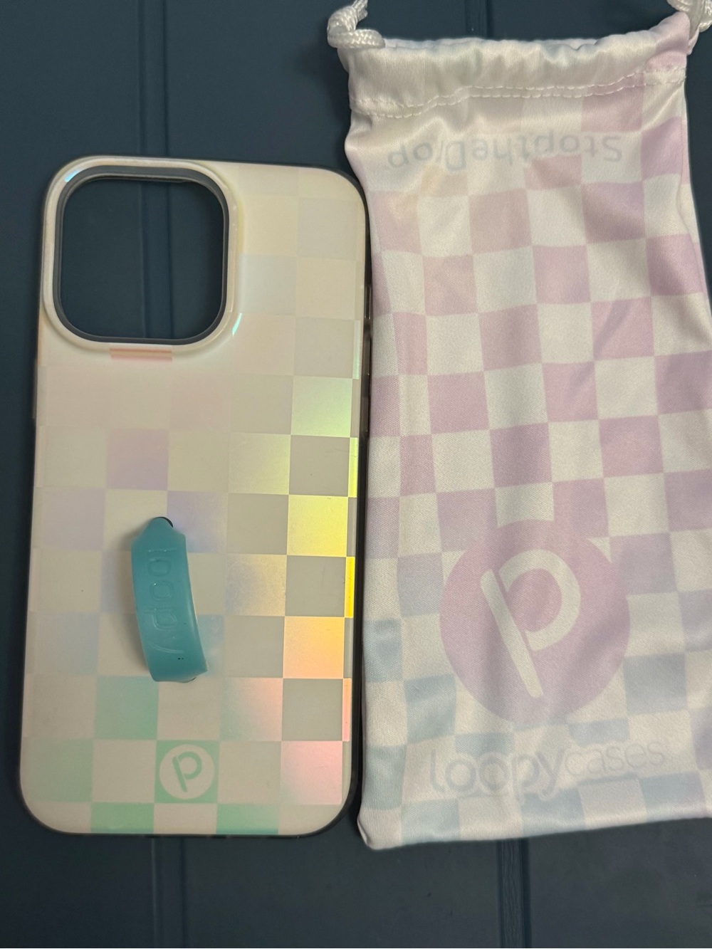 Loopy Case Iridescent Pastel Checkered Phone Case with Teal Loop